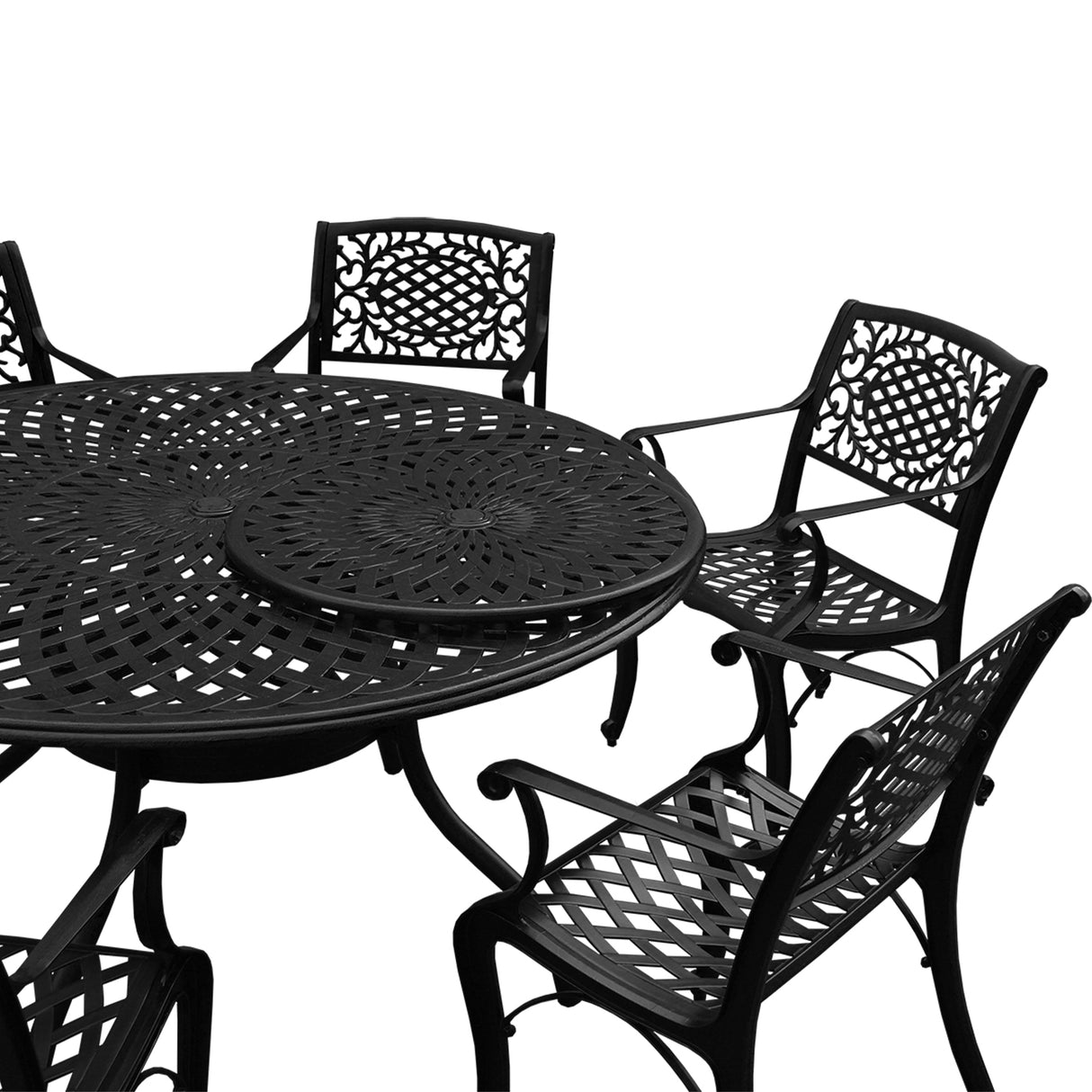 Outdoor Aluminum 7pc Round Patio Dining Set with Lazy Susan, Six Chairs - Sharicks
