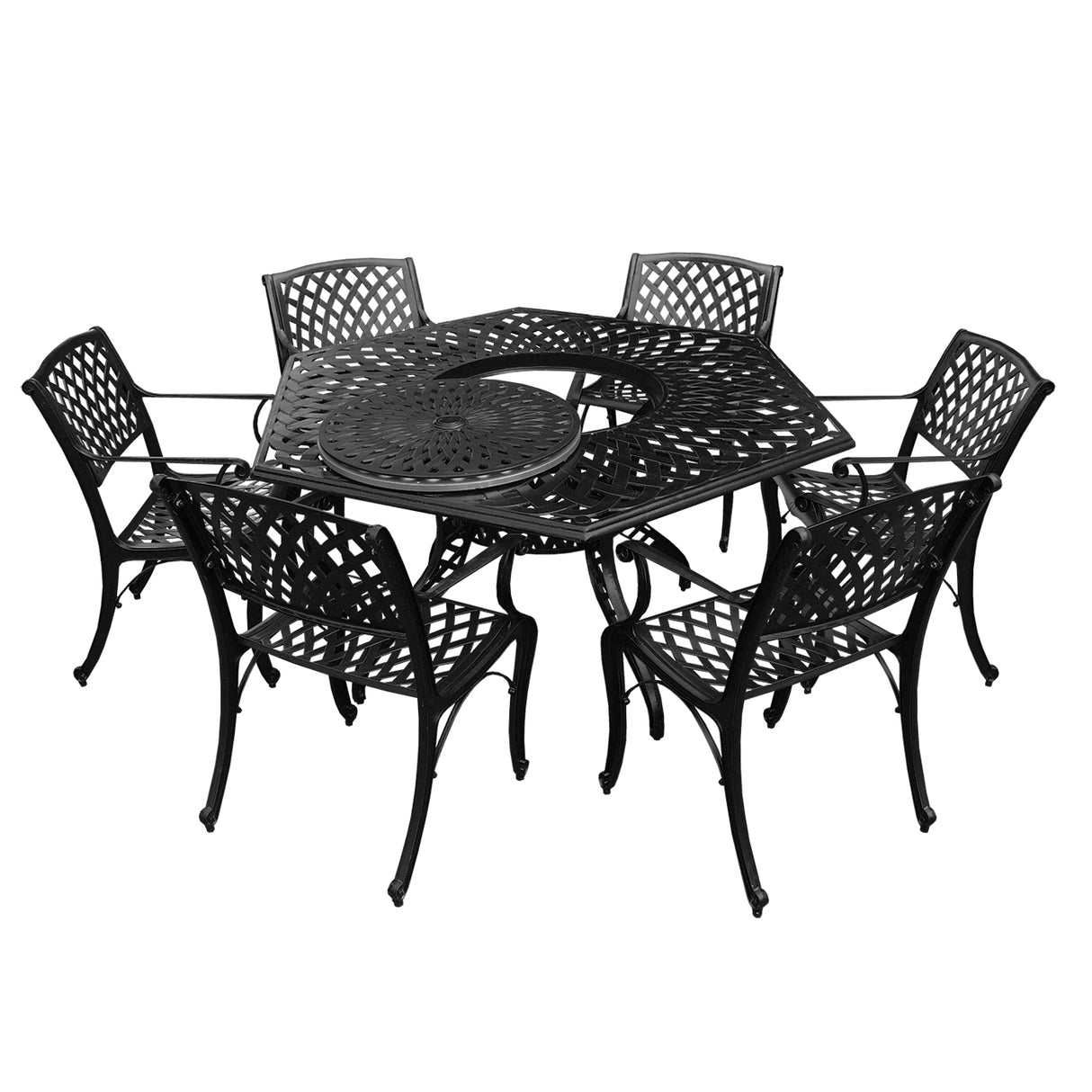 Outdoor Aluminum 7pc Hexagon Patio Dining Set, Lazy Susan, Six Chairs - Sharicks