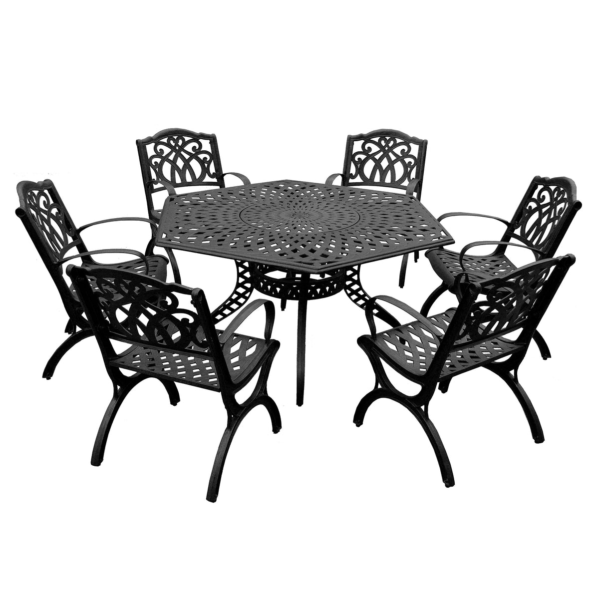 Outdoor Aluminum 7pc Hexagon Patio Dining Set, Lazy Susan, Six Chairs - Sharicks