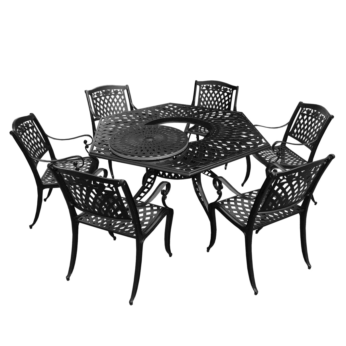 Aluminum 7pc Hexagon Rose Patio Dining Set, Lazy Susan, Six Chairs - Sharicks