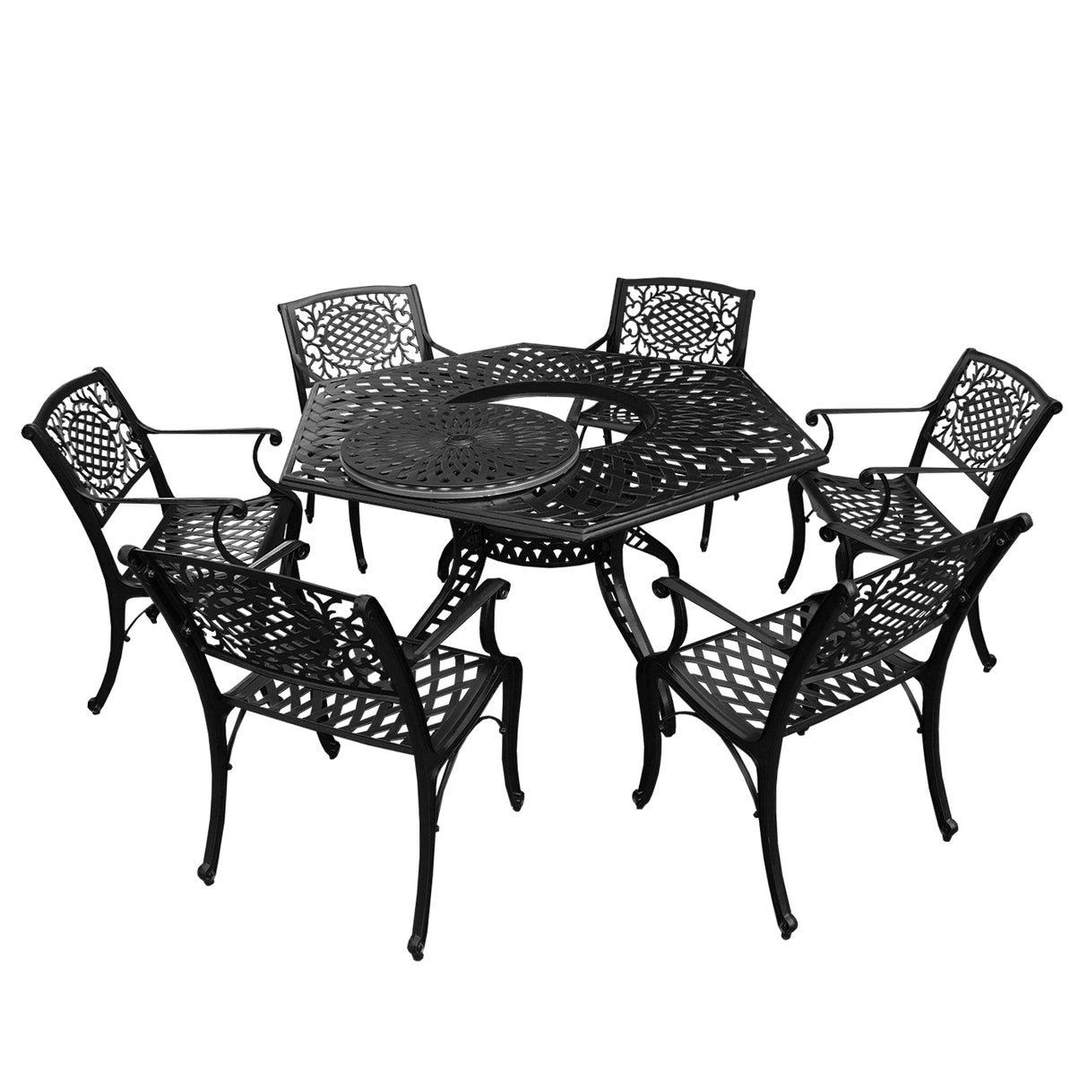 Outdoor Aluminum 7pc Hexagon Patio Dining Set, Lazy Susan, Six Chairs - Sharicks