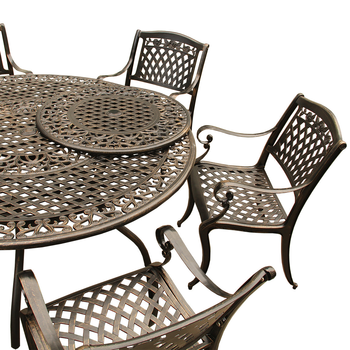 Outdoor Aluminum 7pc Round Patio Dining Set, Lazy Susan, Six Chairs - Sharicks