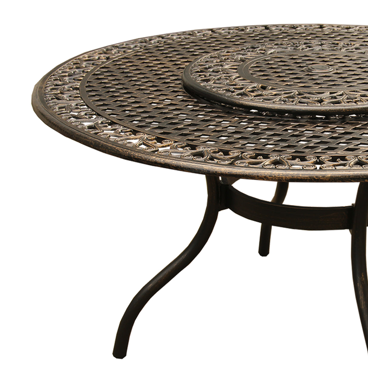 Outdoor Ornate Aluminum 59-in Round Patio Dining Table with Lazy Susan Sharicks