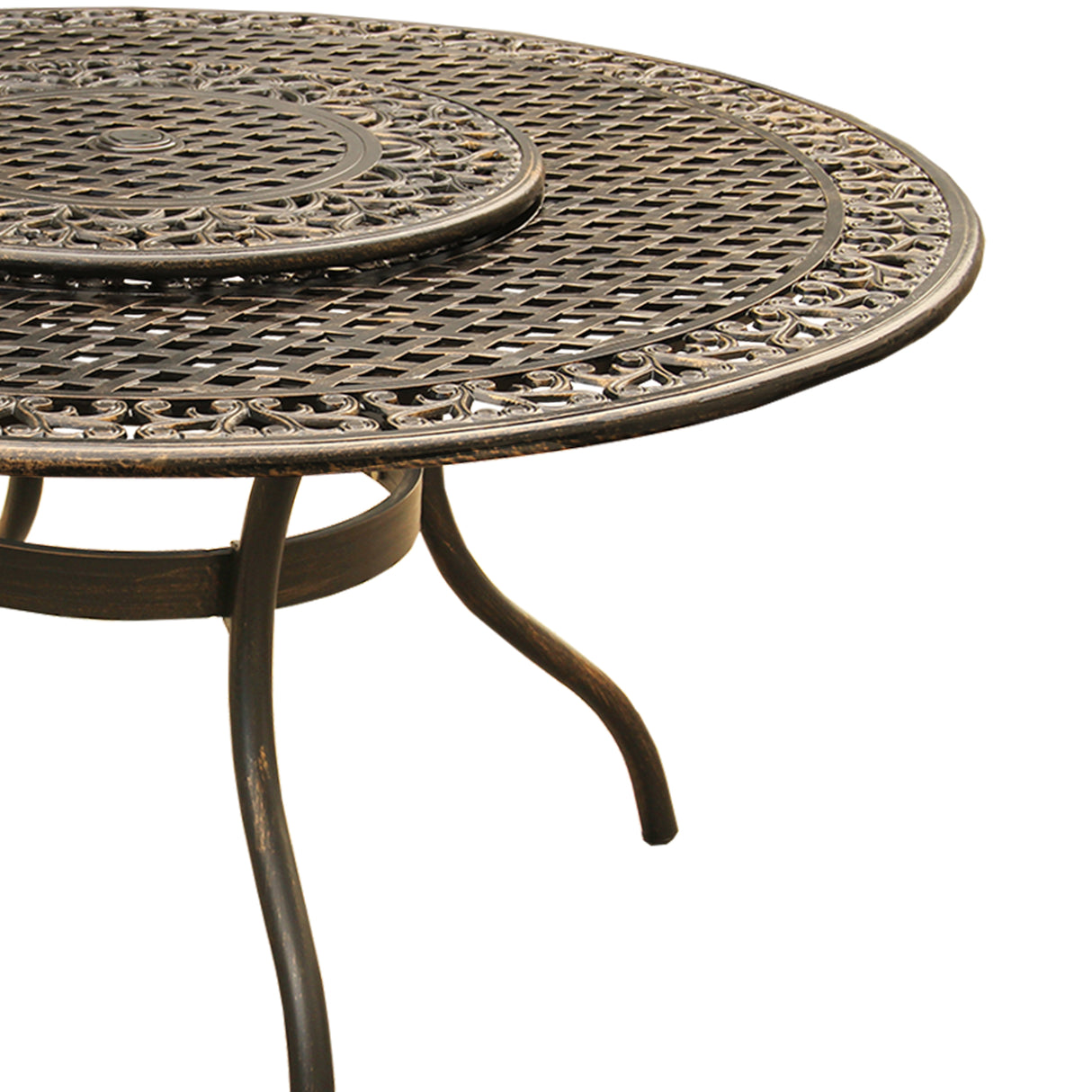 Outdoor Ornate Aluminum 59-in Round Patio Dining Table with Lazy Susan Sharicks