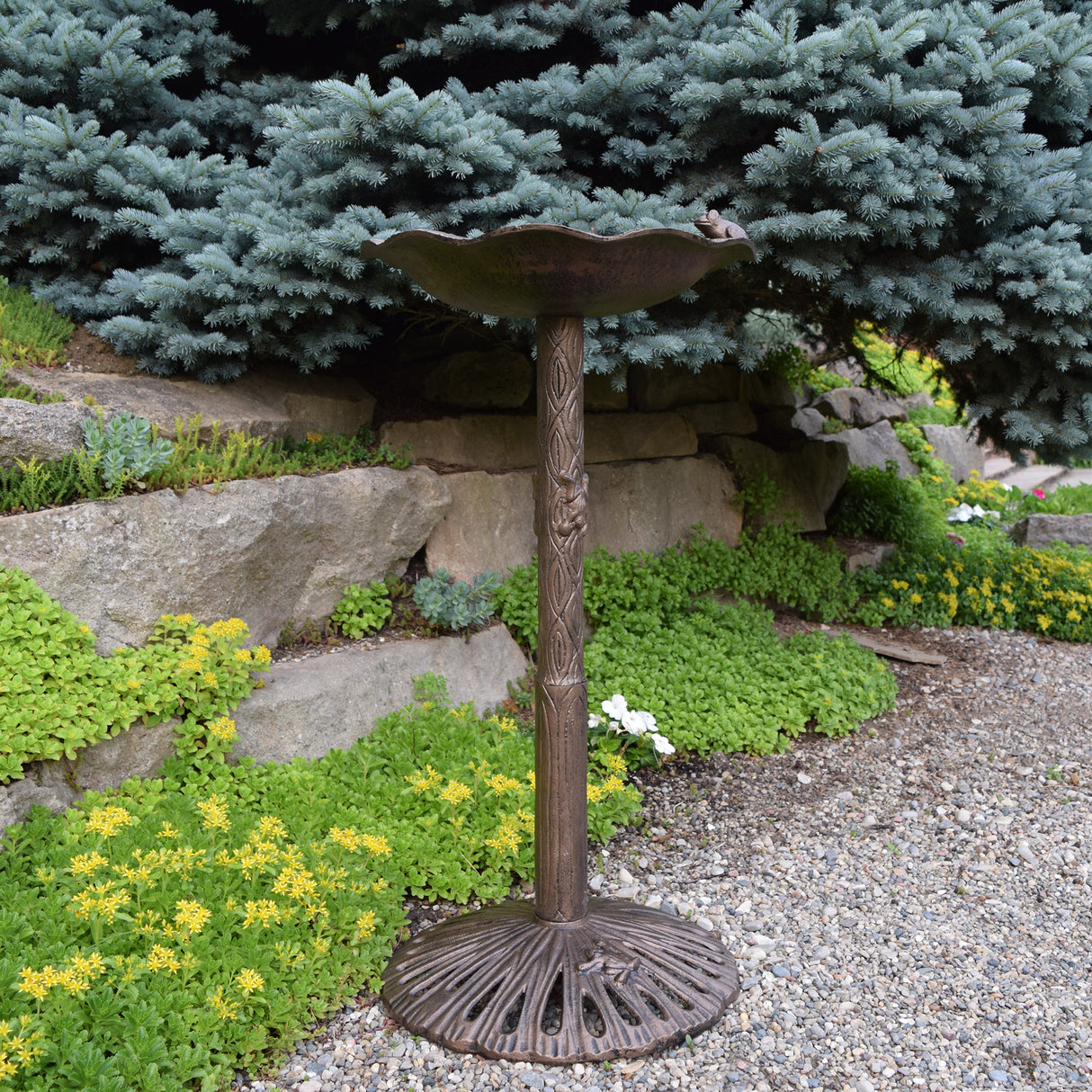 Round Cast Aluminum Metal 35-in Frog Bird Bath with Leaf Bowl Sharicks