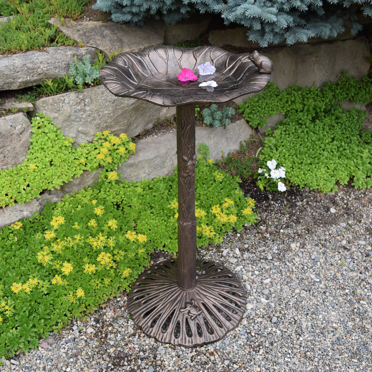 Round Cast Aluminum Metal 35-in Frog Bird Bath with Leaf Bowl Sharicks