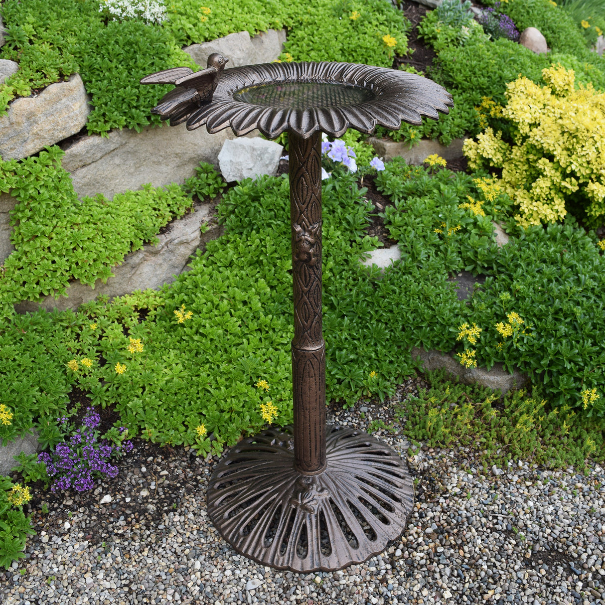 Round Cast Aluminum Metal 30-in Bird Bath with Sunflower Bowl Sharicks