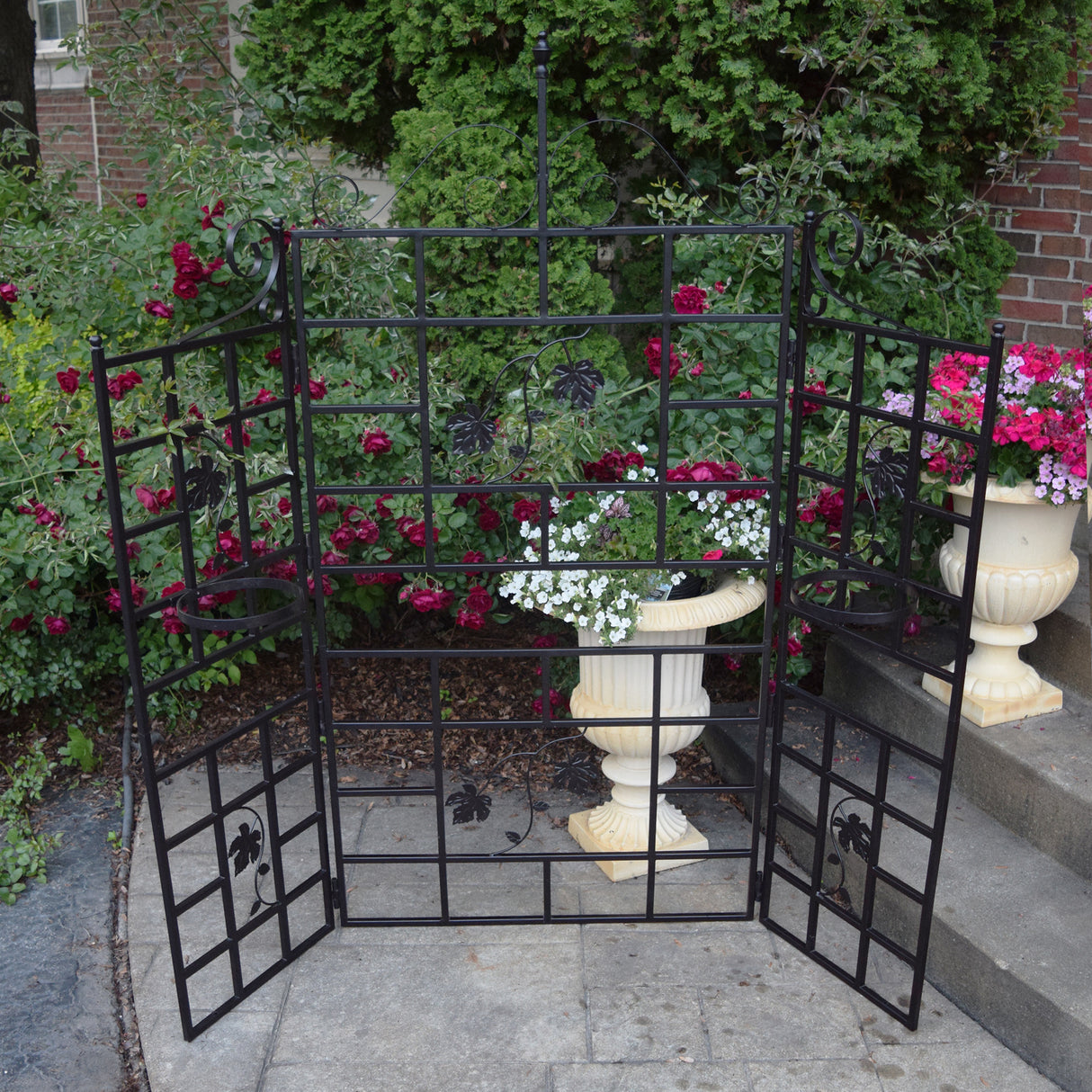 Three Panel Steel Brown Patio Screen Trellis with Flower Pot Holders - Sharicks
