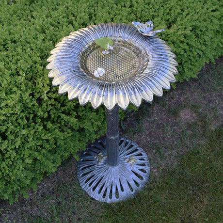 Round Cast Aluminum Metal 32-in Bird Bath with Sunflower Butterfly