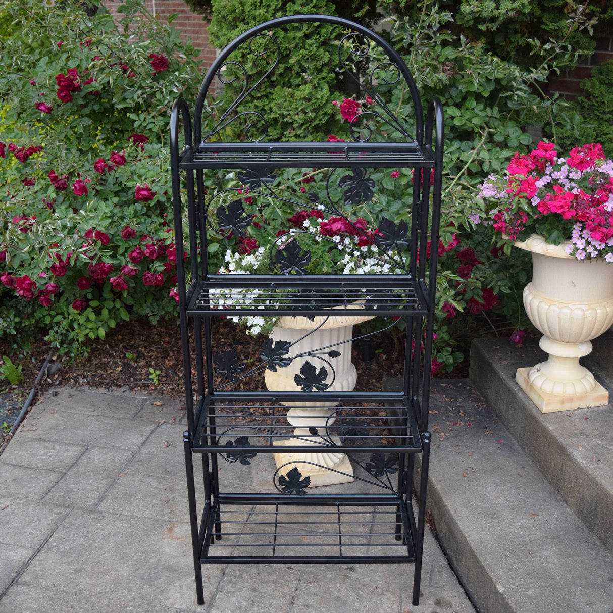 4-Tier Black Bakers Rack Plant Stand with Leaves - Sharicks