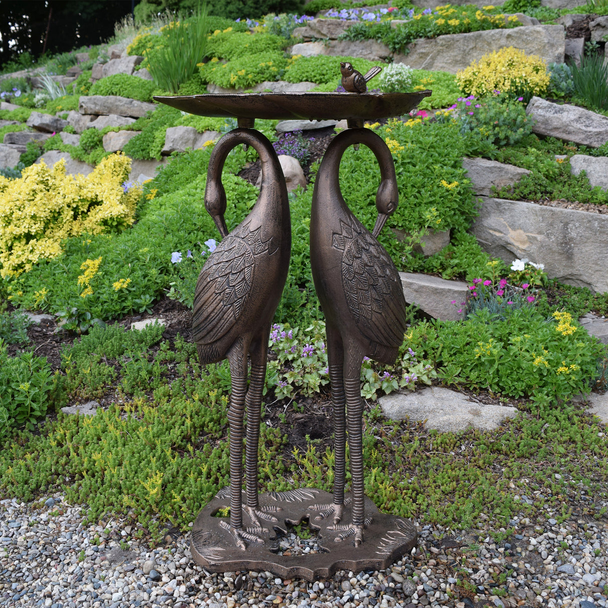 Cast Aluminum 30-in Twin Crane Bird Bath with Leaf Bowl Sharicks