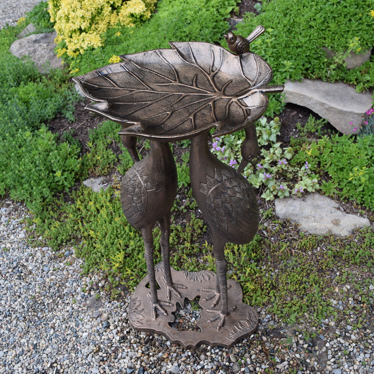 Cast Aluminum 30-in Twin Crane Bird Bath with Leaf Bowl Sharicks