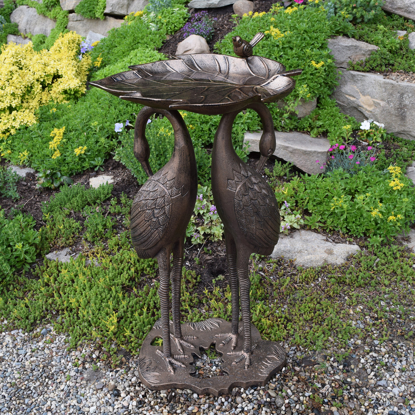 Cast Aluminum 30-in Twin Crane Bird Bath with Leaf Bowl Sharicks
