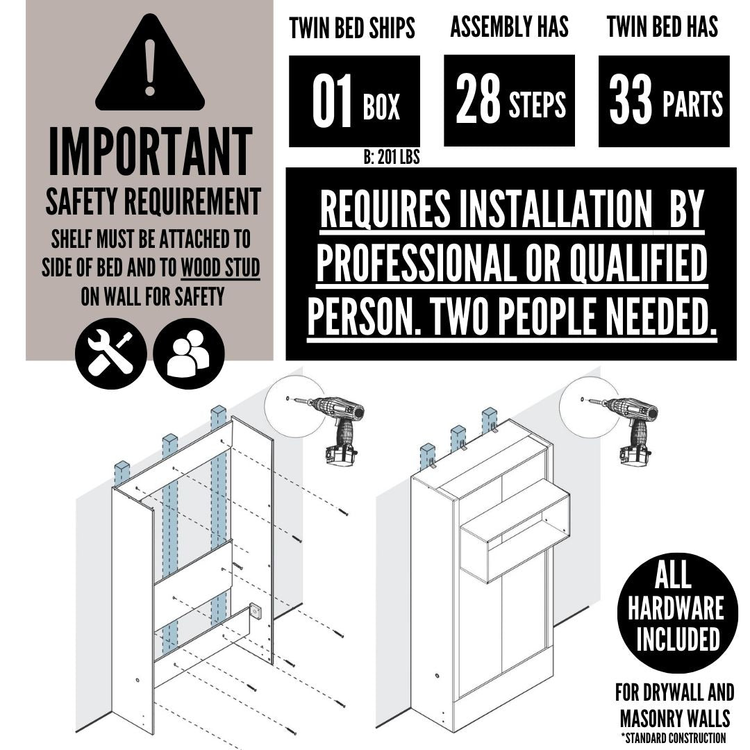 Easy-Lift Twin Murphy Wall Bed in Grey with Bookshelf - Sharicks