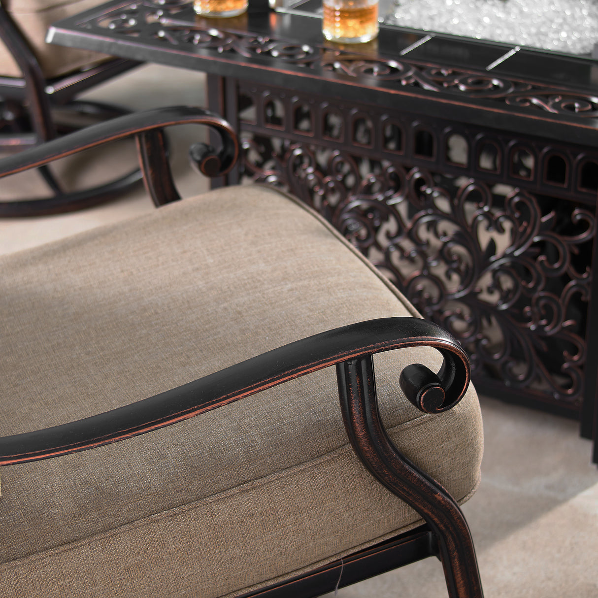 Aluminum Ornate Deep Seating Swivel Rocking Club Chairs Tan Cushions Sharicks