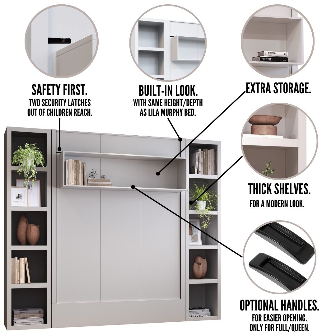 Easy-Lift Full Murphy Wall Bed in Natural Brown Wood Grain with Two Bookshelves - Sharicks