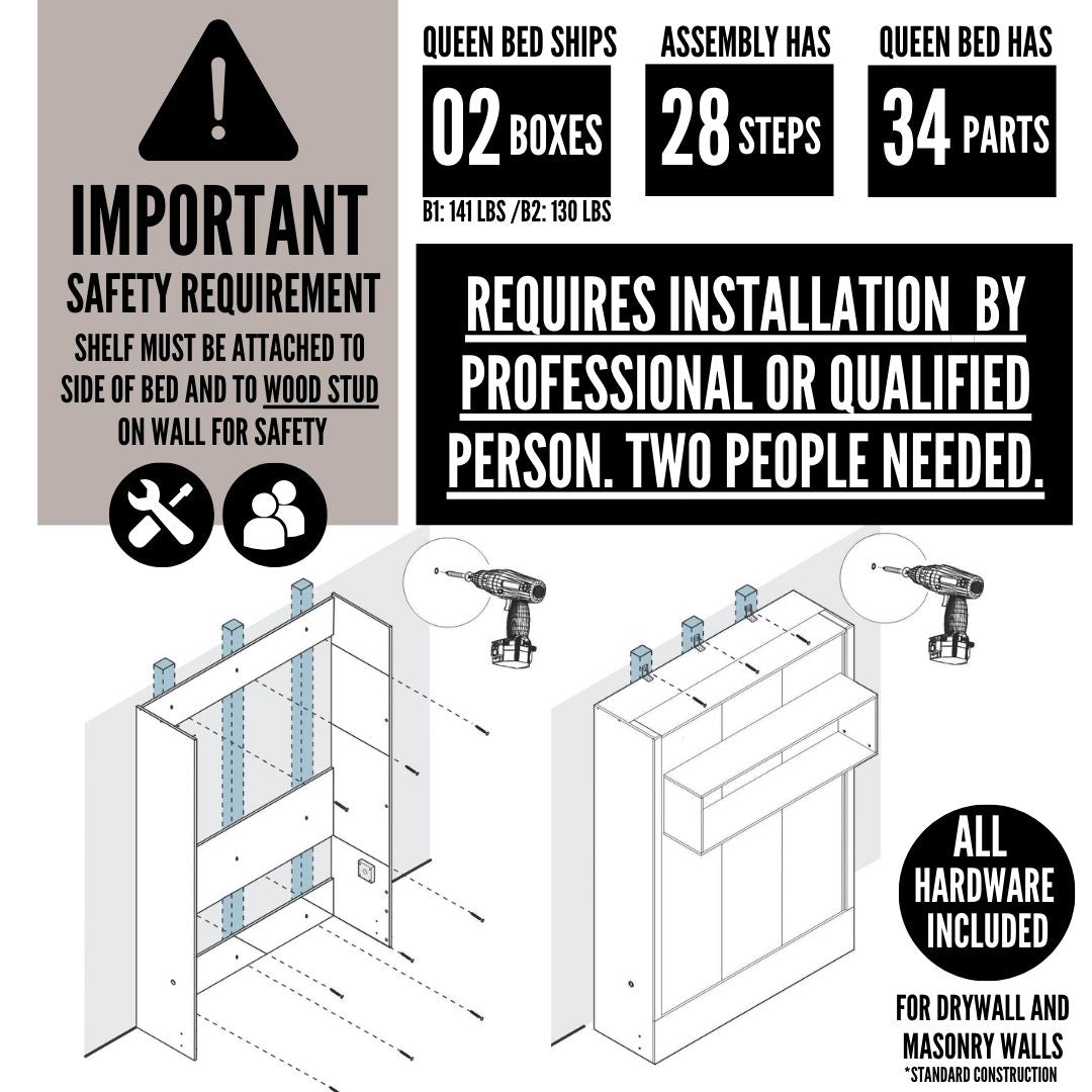 Easy-Lift Full Murphy Wall Bed in Grey with Shelf - Sharicks