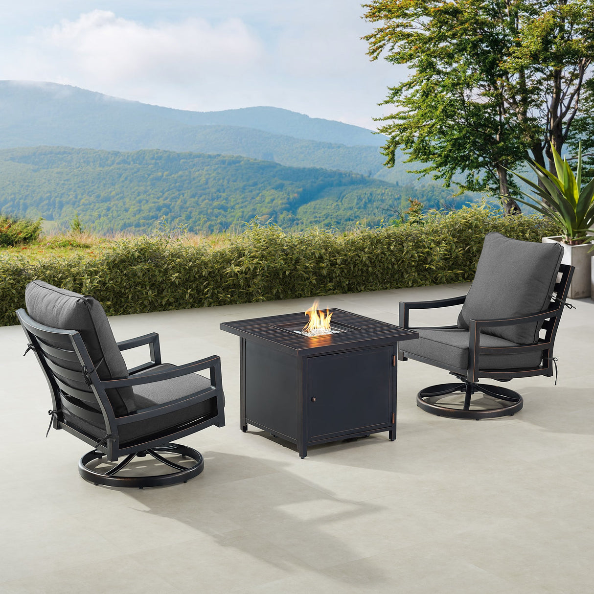 Black Aluminum Fire Table Bistro Set with Two Club Chairs - Sharicks