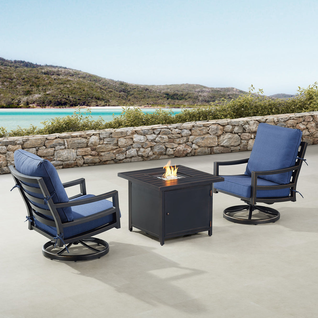Black Aluminum Fire Table Bistro Set with Two Club Chairs - Sharicks