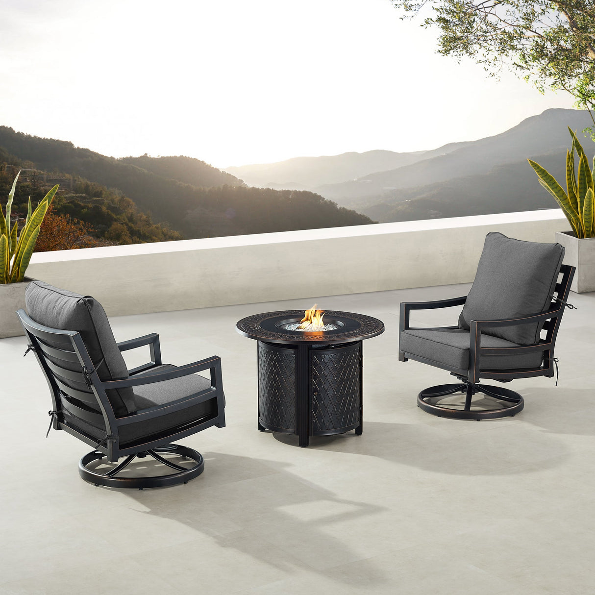 Black Aluminum Fire Table Bistro Set with Two Club Chairs - Sharicks