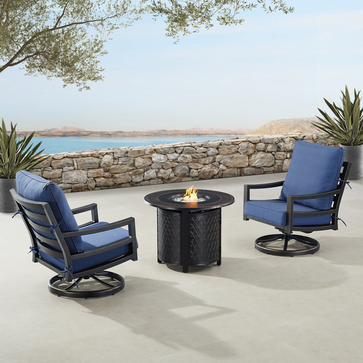 Black Aluminum Fire Table Bistro Set with Two Club Chairs - Sharicks