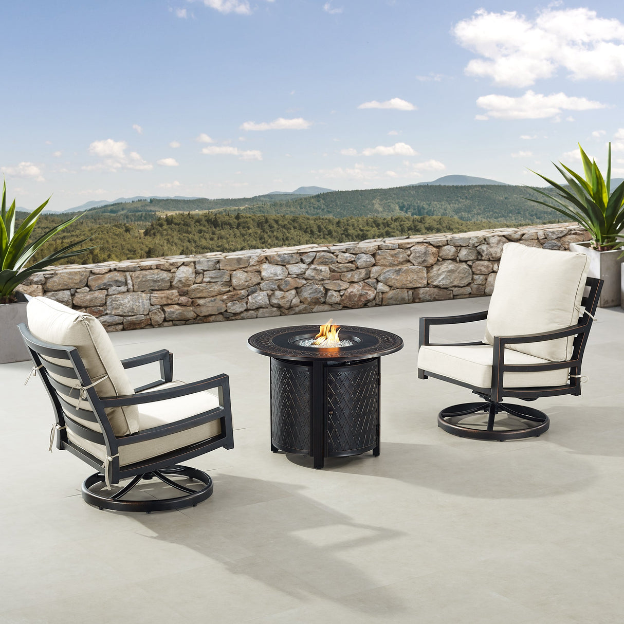 Black Aluminum Fire Table Bistro Set with Two Club Chairs - Sharicks