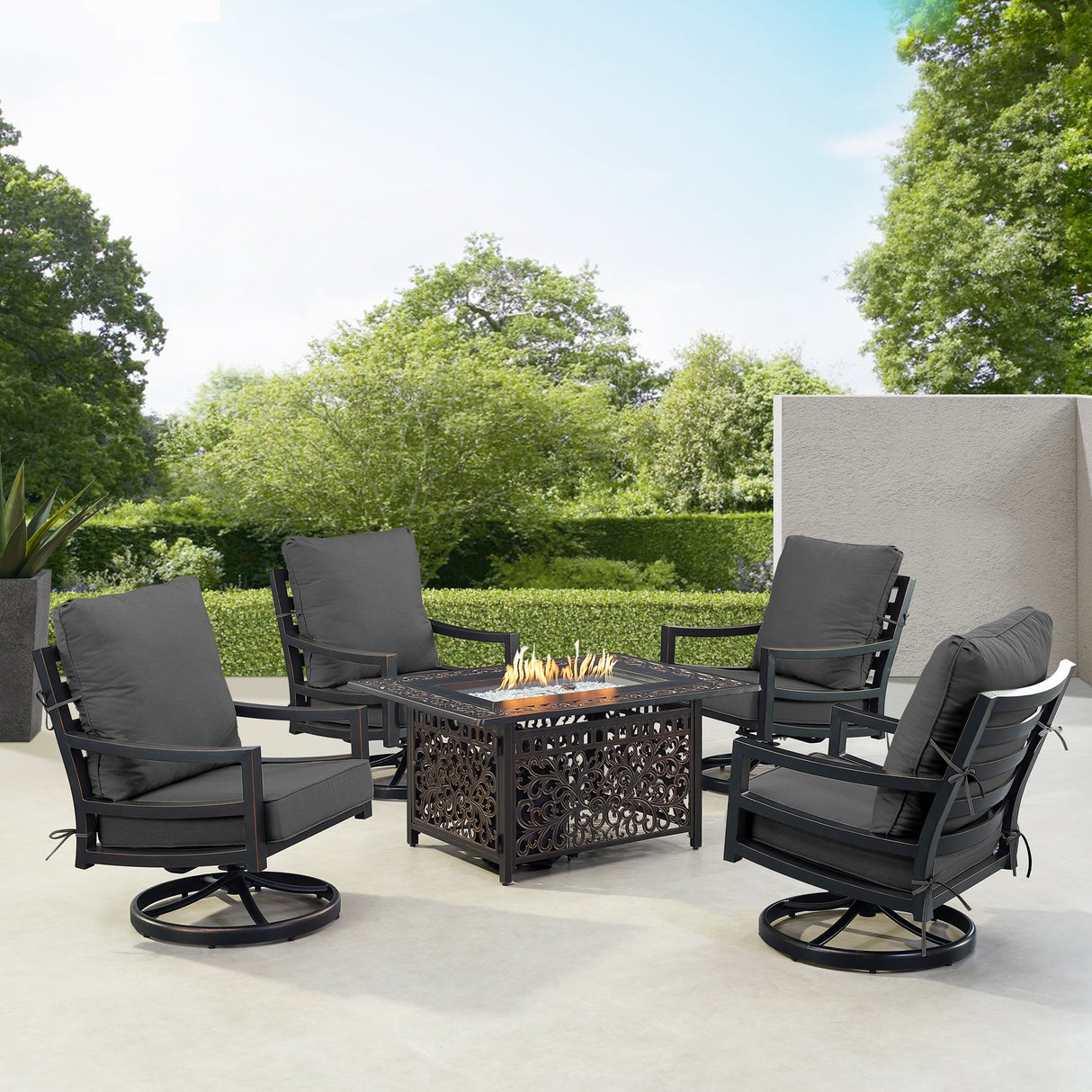 Black Aluminum Fire Table Set with Four Club Chairs - Sharicks