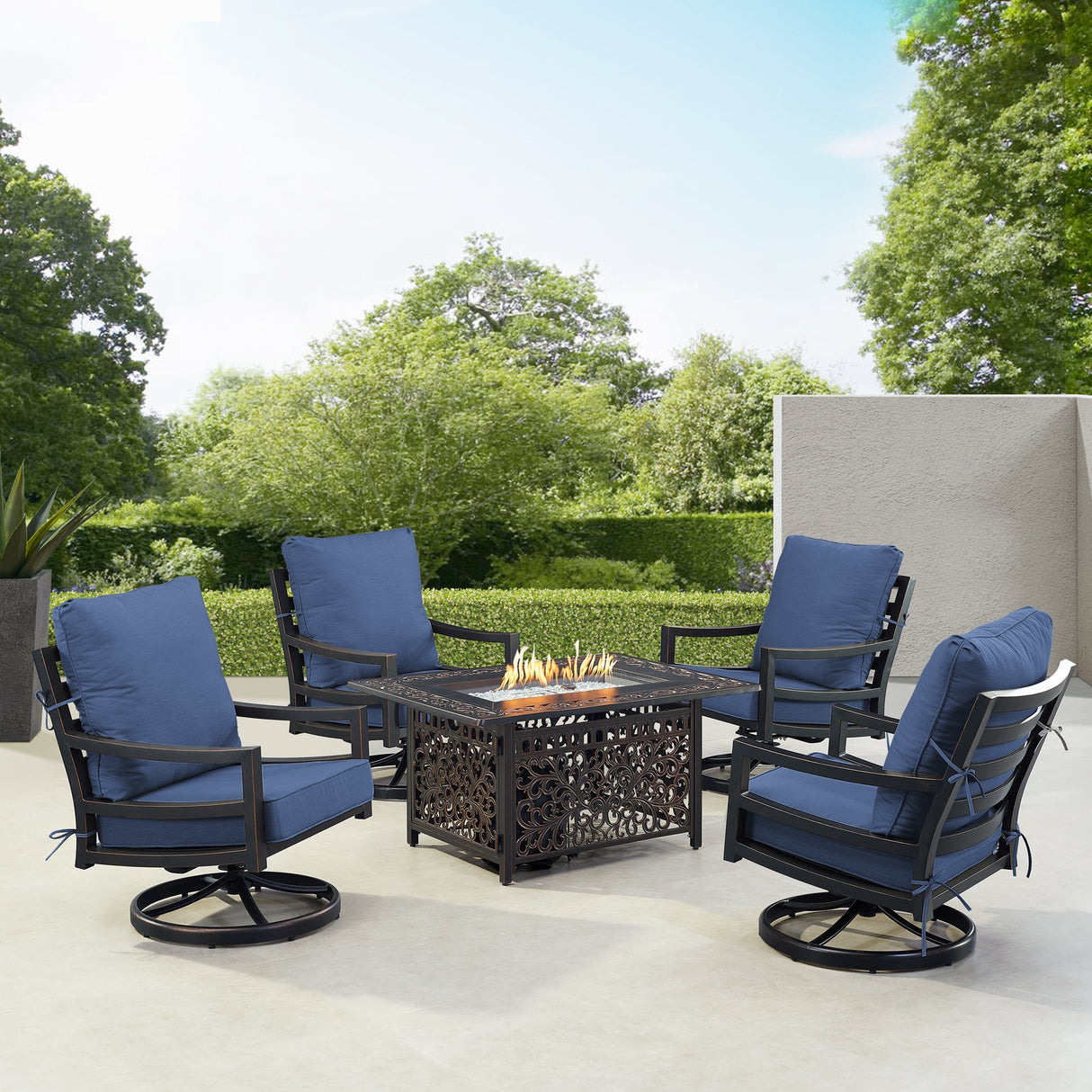Black Aluminum Fire Table Set with Four Club Chairs - Sharicks