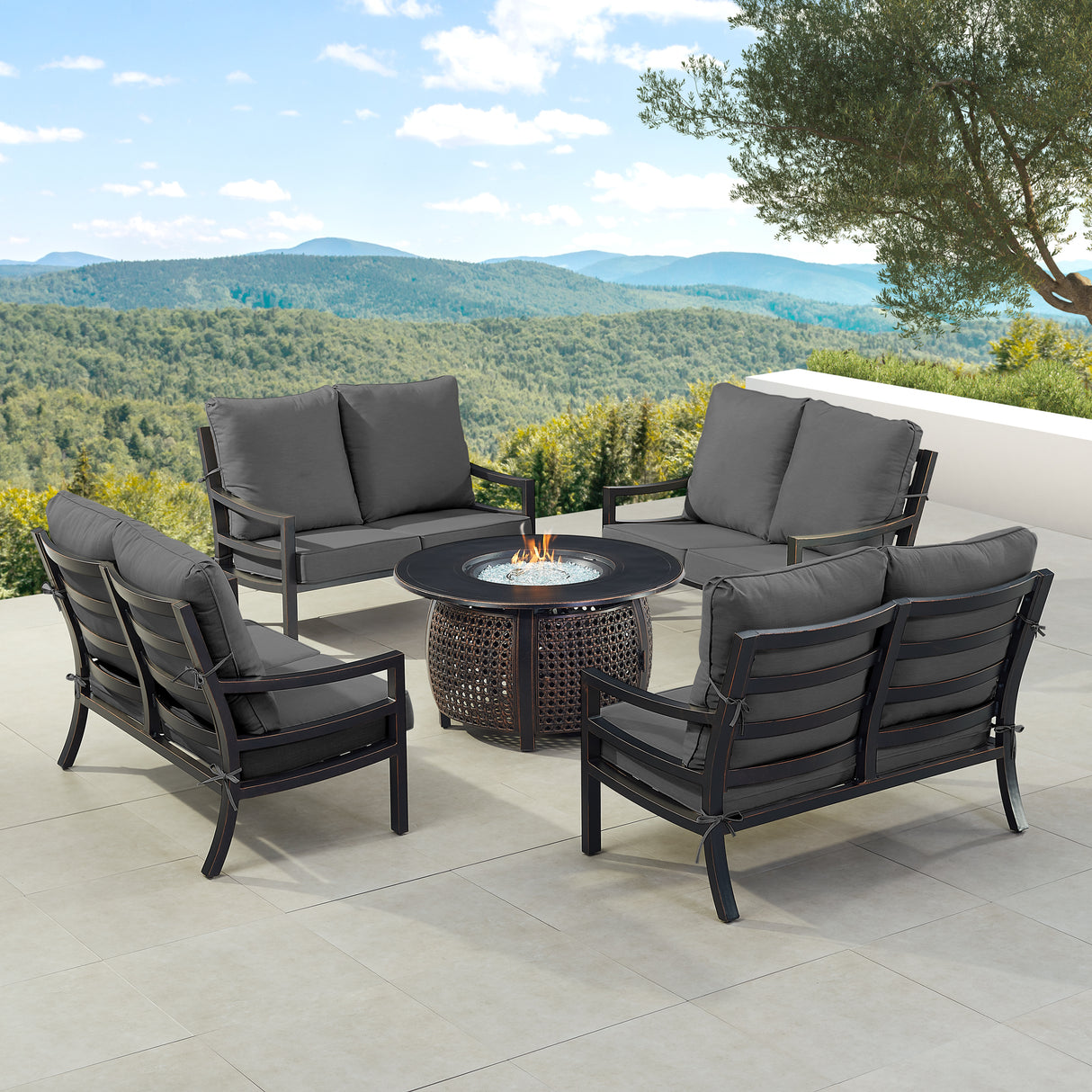 Black Aluminum Fire Table Set with Four Deep Seating Loveseats - Sharicks