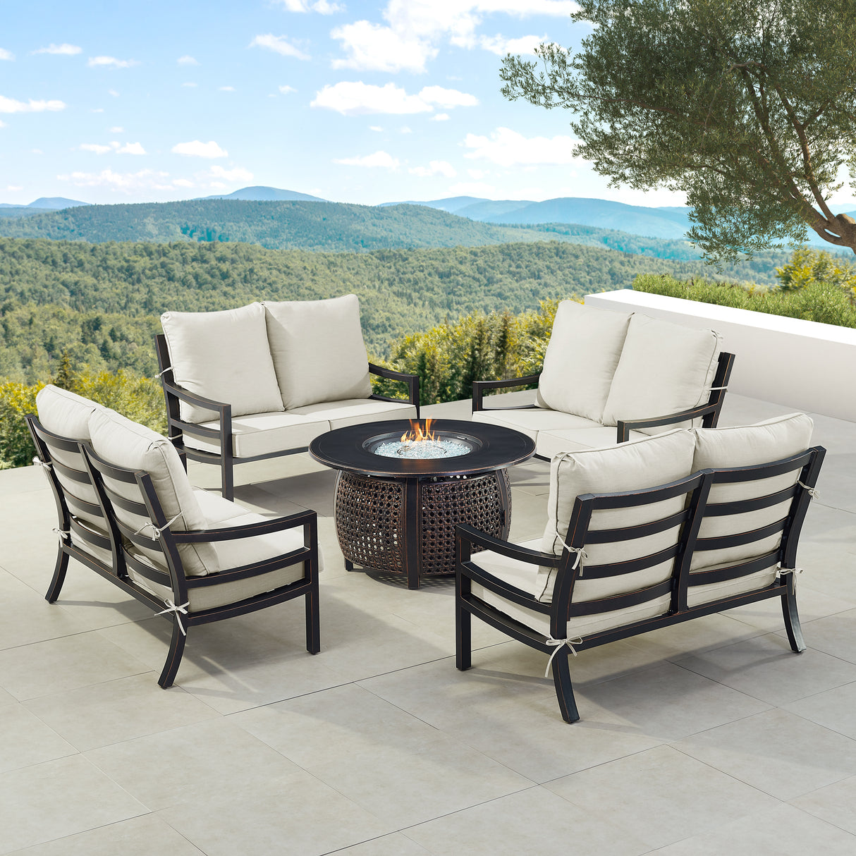 Black Aluminum Fire Table Set with Four Deep Seating Loveseats - Sharicks
