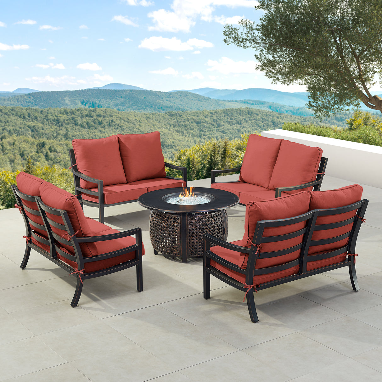Black Aluminum Fire Table Set with Four Deep Seating Loveseats - Sharicks