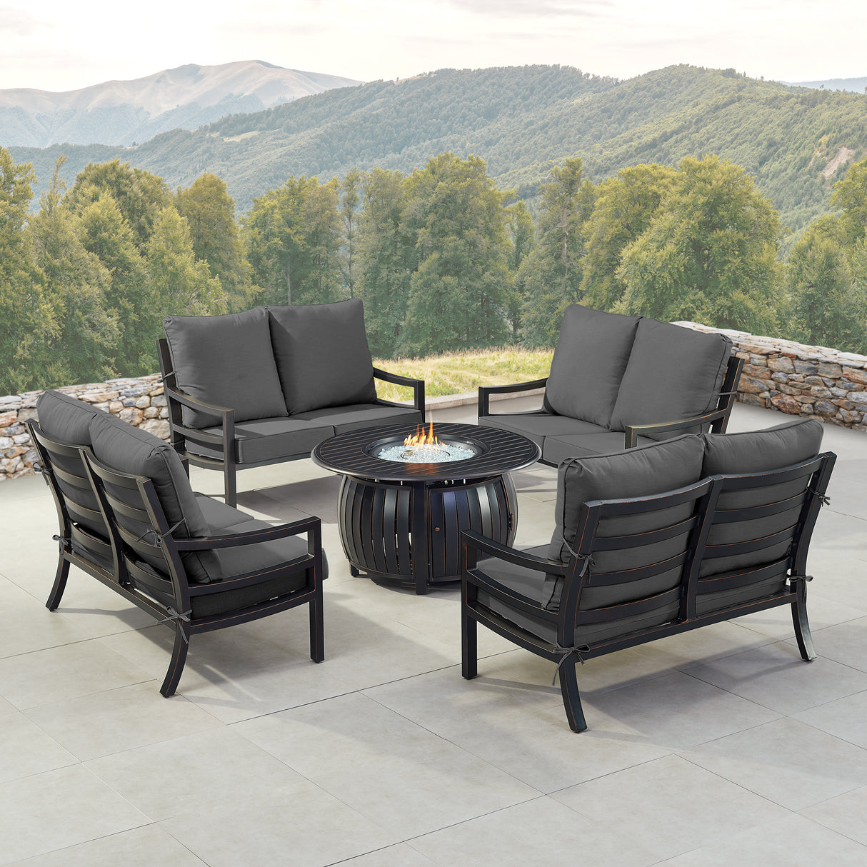 Black Aluminum Fire Table Set with Four Deep Seating Loveseats - Sharicks
