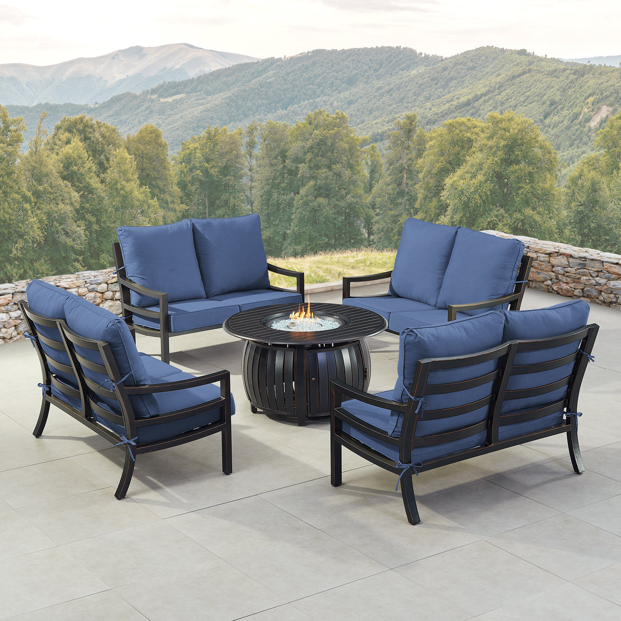 Black Aluminum Fire Table Set with Four Deep Seating Loveseats - Sharicks