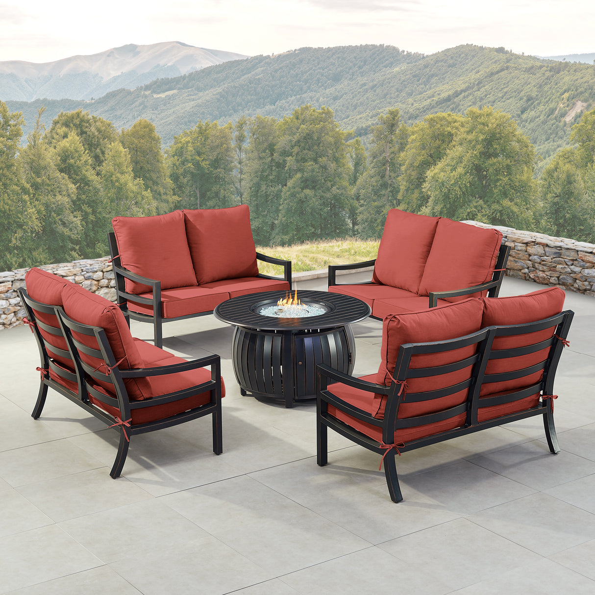 Black Aluminum Fire Table Set with Four Deep Seating Loveseats - Sharicks