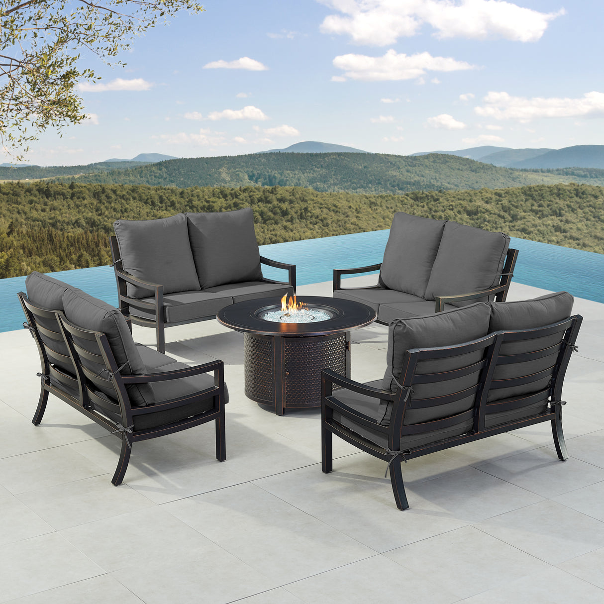 Black Aluminum Fire Table Set with Four Deep Seating Loveseats - Sharicks