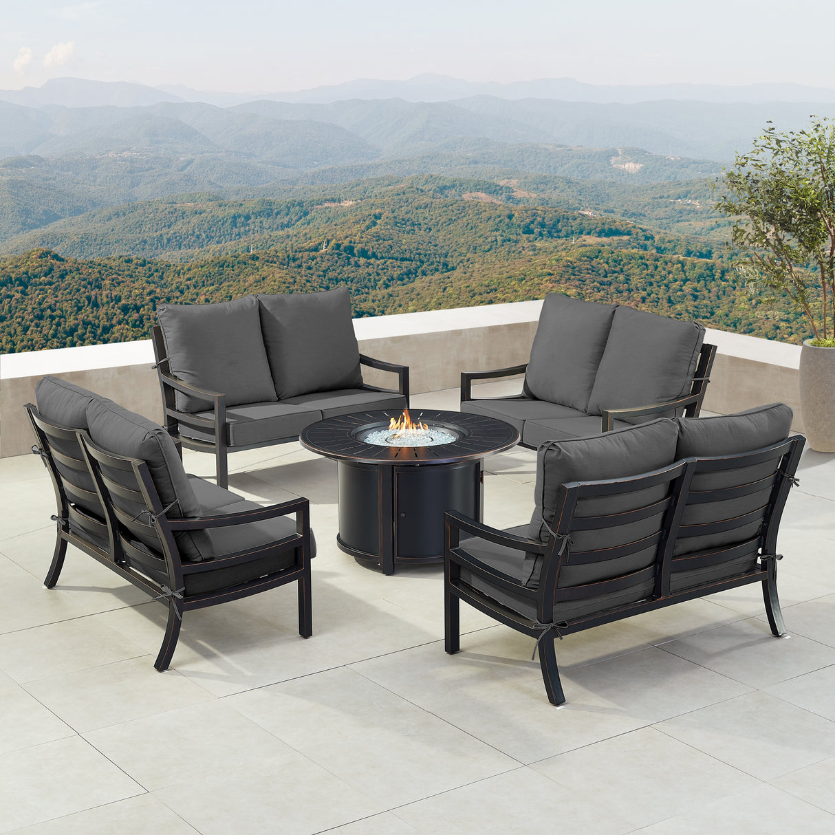 Black Aluminum Fire Table Set with Four Deep Seating Loveseats - Sharicks