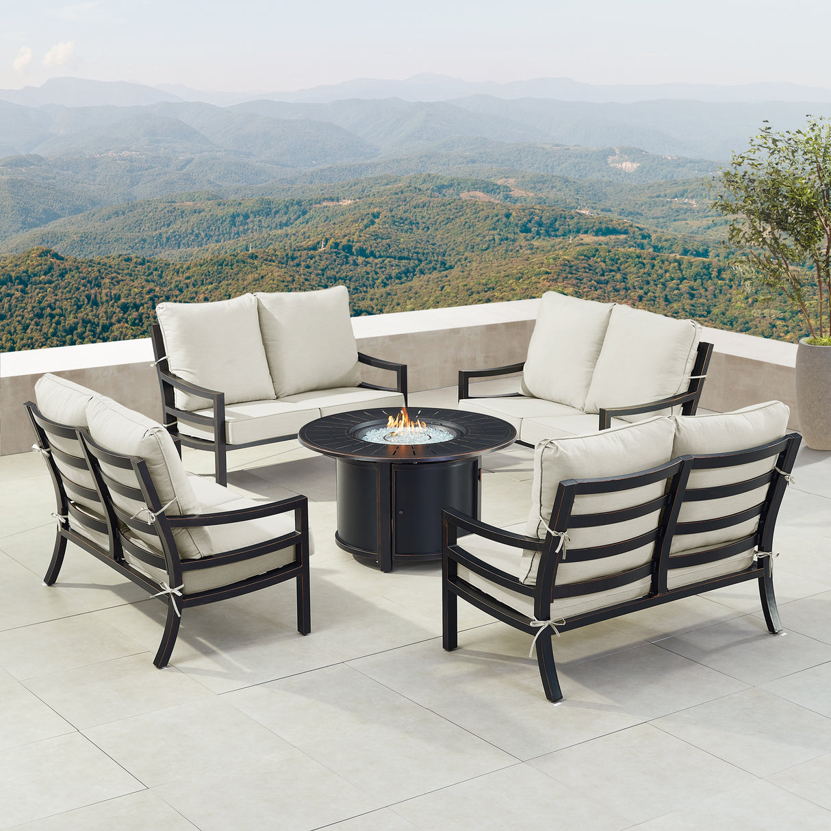 Black Aluminum Fire Table Set with Four Deep Seating Loveseats - Sharicks
