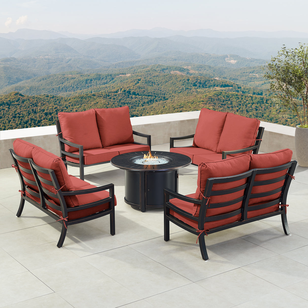 Black Aluminum Fire Table Set with Four Deep Seating Loveseats - Sharicks