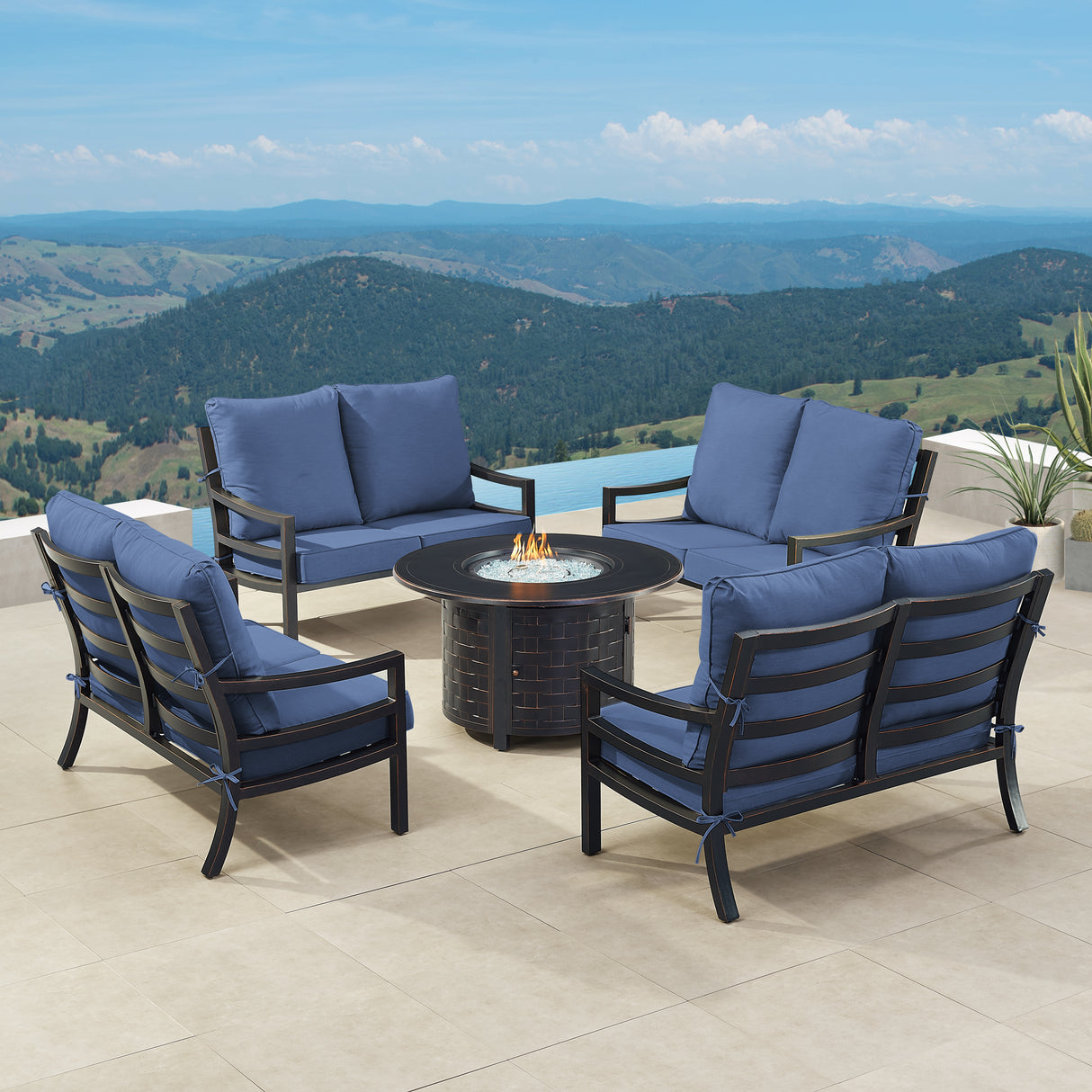 Black Aluminum Fire Table Set with Four Deep Seating Loveseats - Sharicks