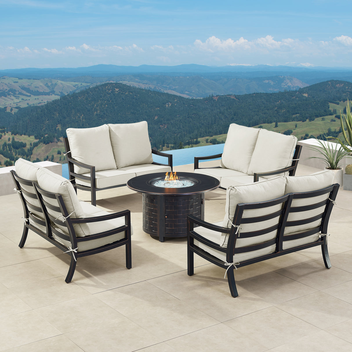 Black Aluminum Fire Table Set with Four Deep Seating Loveseats - Sharicks