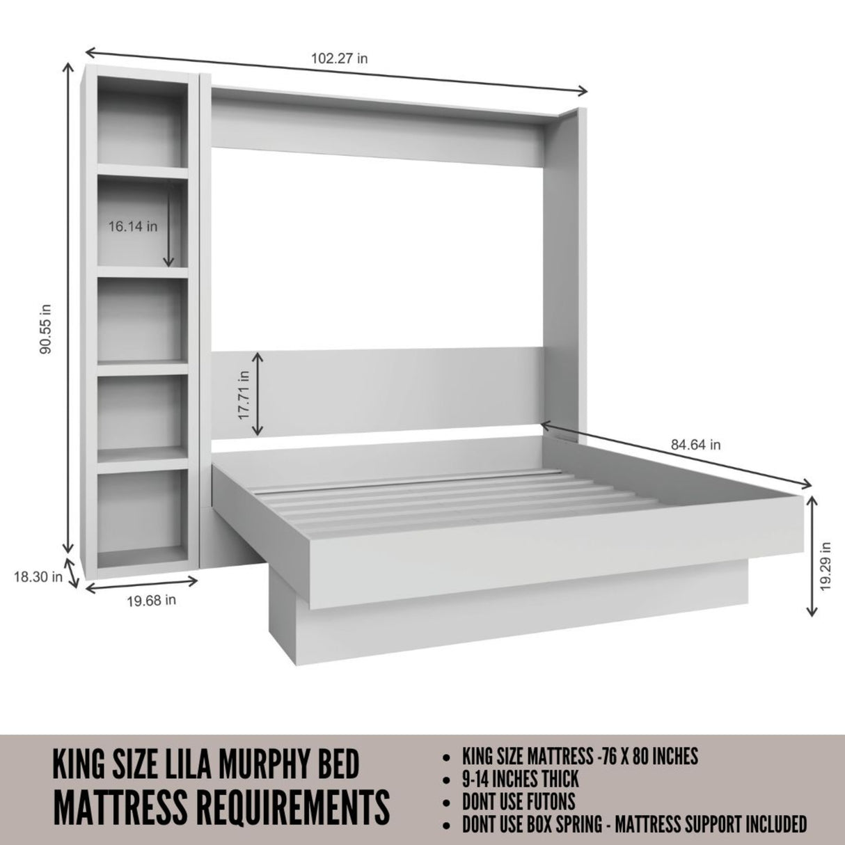 Easy-Lift King Murphy Wall Bed in White with Bookshelf