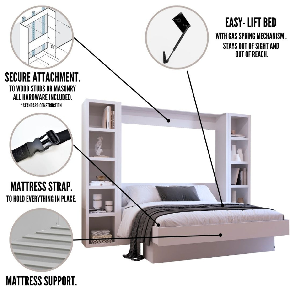 Easy-Lift King Murphy Wall Bed in Brown with Two Bookshelves