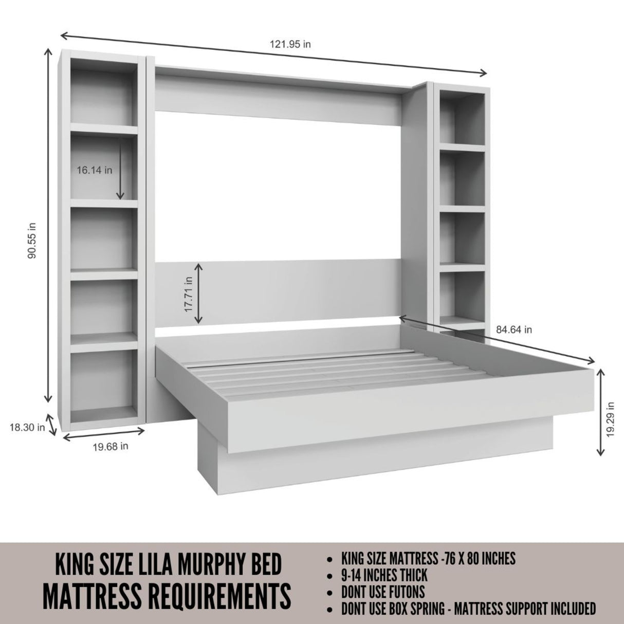 Easy-Lift King Murphy Wall Bed in White with Two Bookshelves