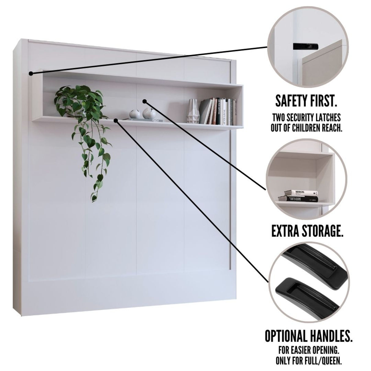 Easy-Lift King Murphy Wall Bed in White with Shelf