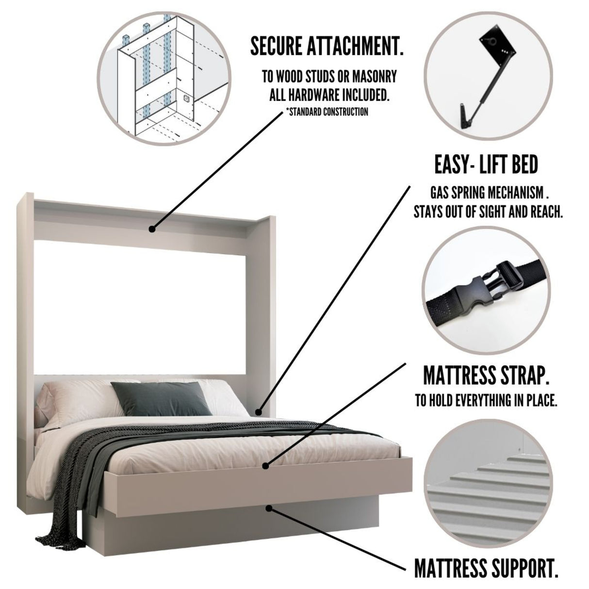 Easy-Lift King Murphy Wall Bed in Brown with Shelf