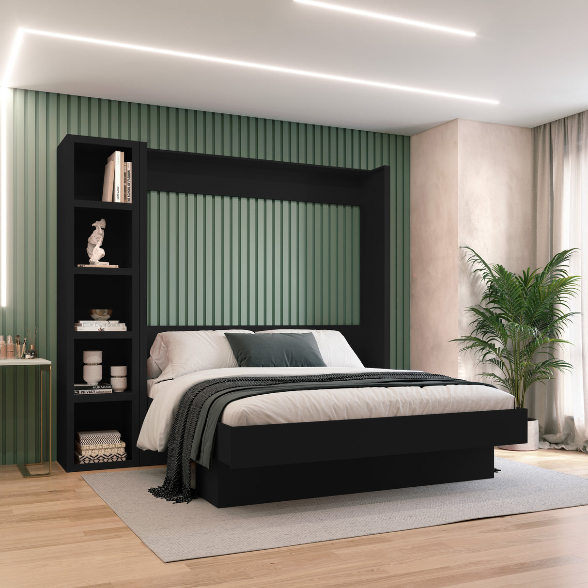 Easy-Lift King Murphy Wall Bed in Black with Bookshelf