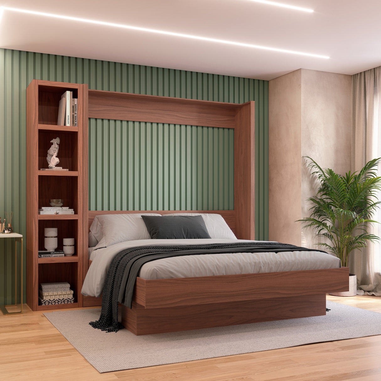 Easy-Lift King Murphy Wall Bed in Brown with Bookshelf