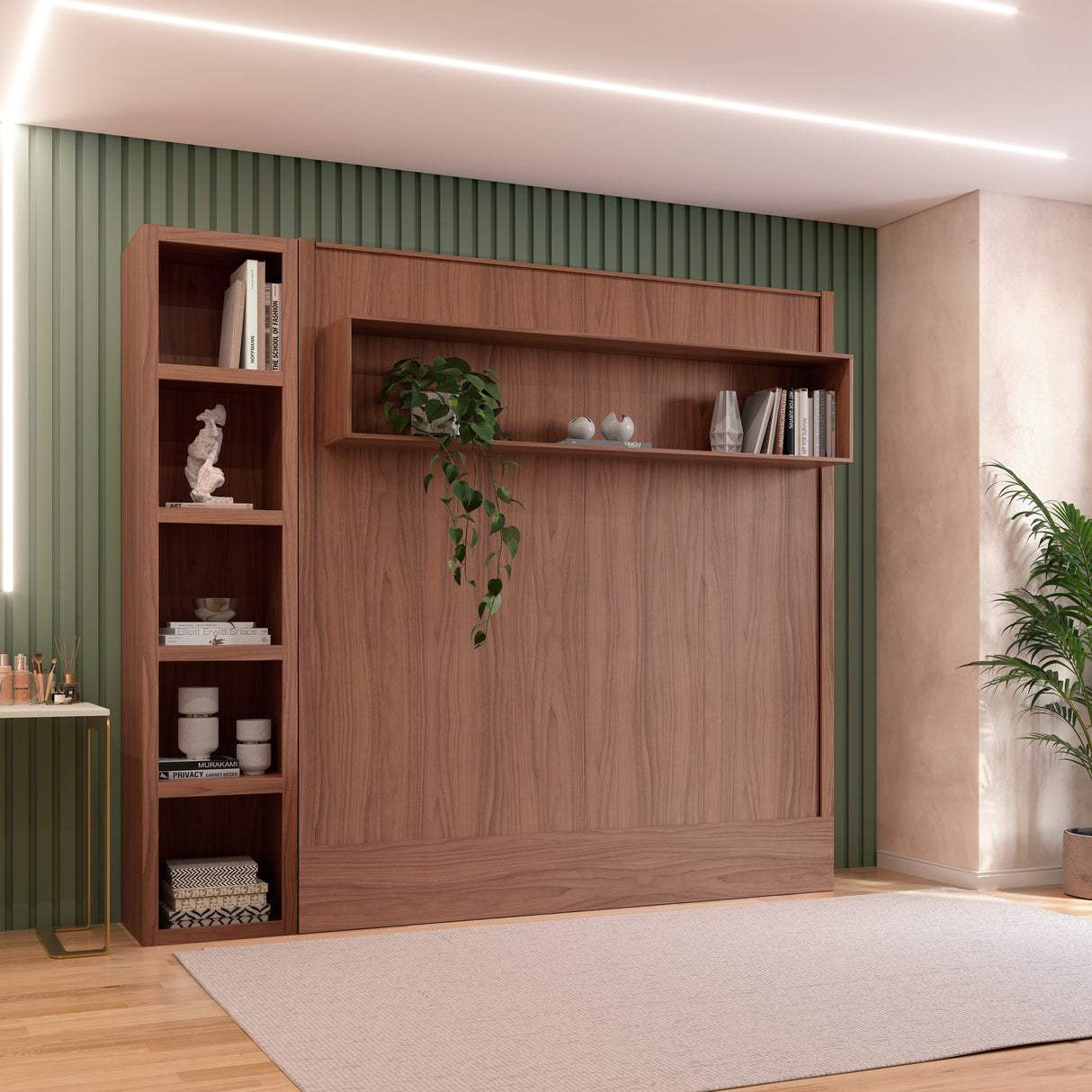 Easy-Lift King Murphy Wall Bed in Brown with Bookshelf