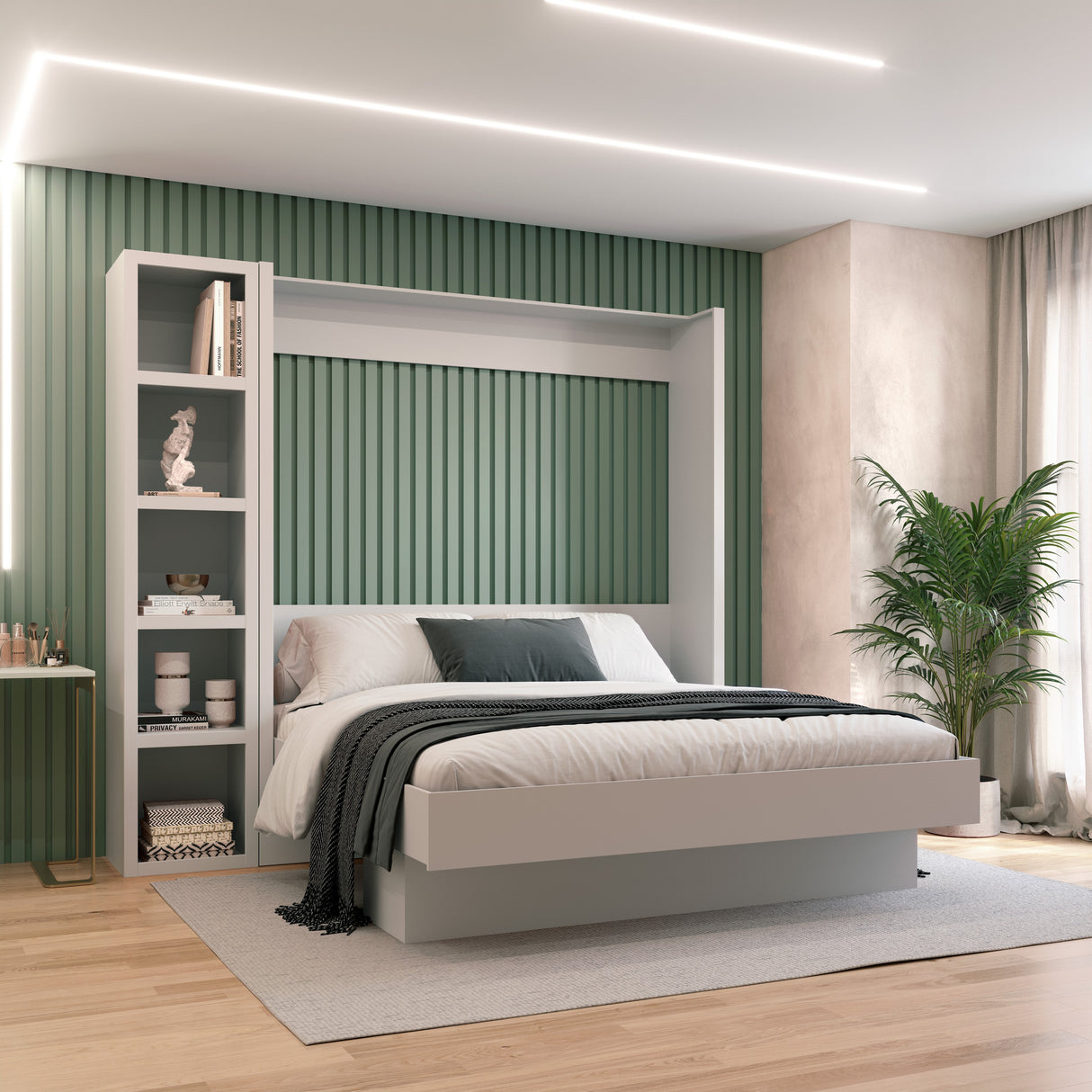 Easy-Lift King Murphy Wall Bed in White with Bookshelf