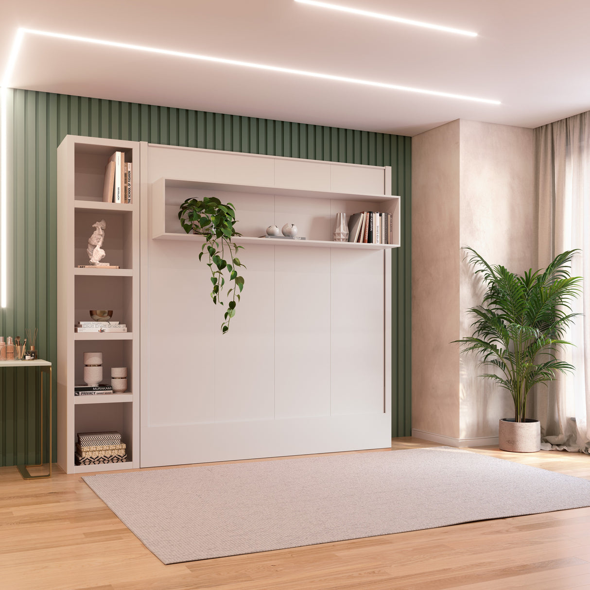 Easy-Lift King Murphy Wall Bed in White with Bookshelf